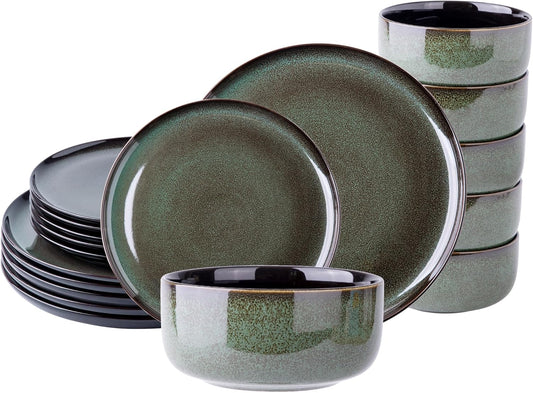 LeRatio Ceramic Dinnerware Sets for 6,Porcelain Plates and Bowls Sets,Handmade Reactive Glaze Dishes Set,Chip Resistant and Scratch Resistant | Oven&Dishwasher & Microwave Safe-Green(18PCS)