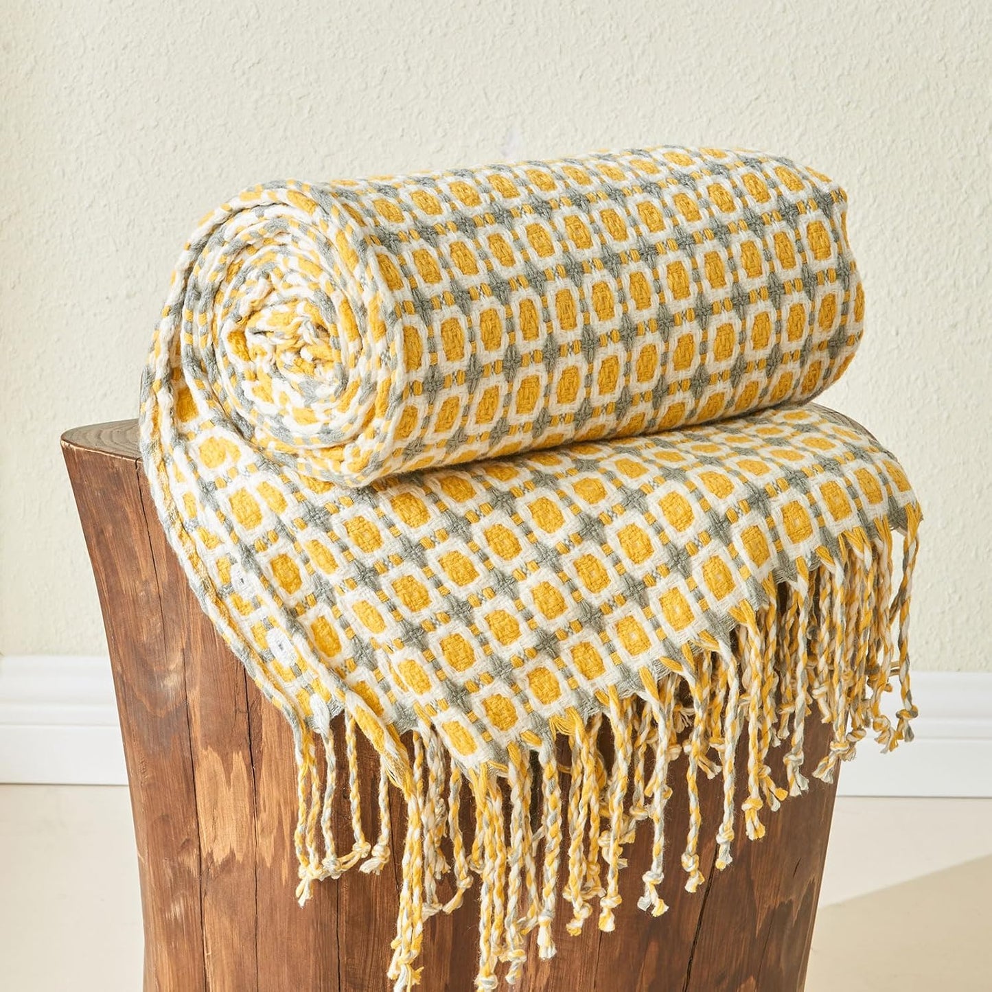 lifein Throw Blanket for Couch - Boho Throw Blanket, Knit Woven Blanket, Soft Decorative Blankets&Throws with Tassels for Bed,Sofa,Chair,Home Decor(50x60in,Yellow/Mustard)