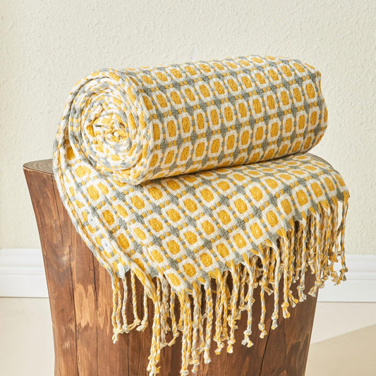lifein Throw Blanket for Couch - Boho Throw Blanket, Knit Woven Blanket, Soft Decorative Blankets&Throws with Tassels for Bed,Sofa,Chair,Home Decor(50x60in,Yellow/Mustard)