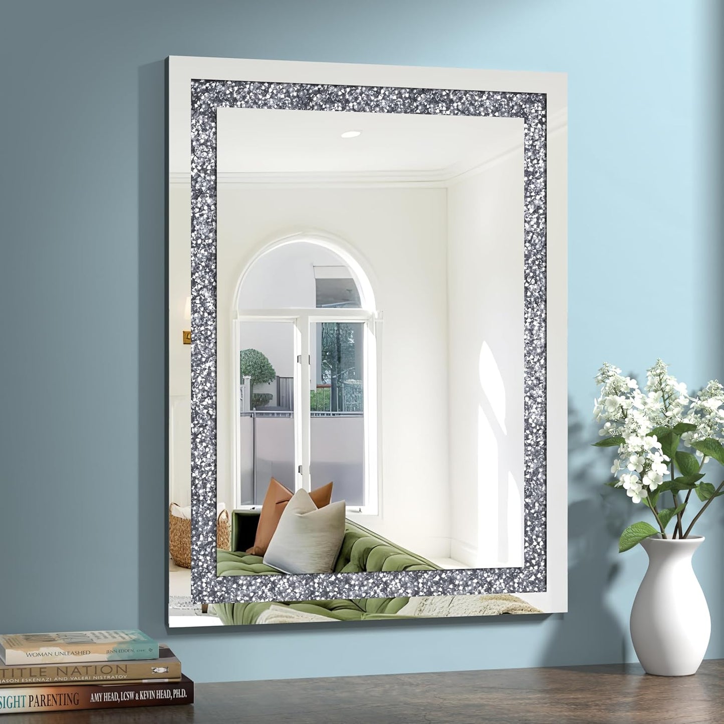 Crystal Crush Diamond Mirror-24x32Silver Mirror, Gorgeous Wall Mirror, Rectangle Mirrors for Wall Bathroom, Bedroom, Dining Room and Living Room