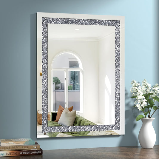 Crystal Crush Diamond Mirror-24x32Silver Mirror, Gorgeous Wall Mirror, Rectangle Mirrors for Wall Bathroom, Bedroom, Dining Room and Living Room