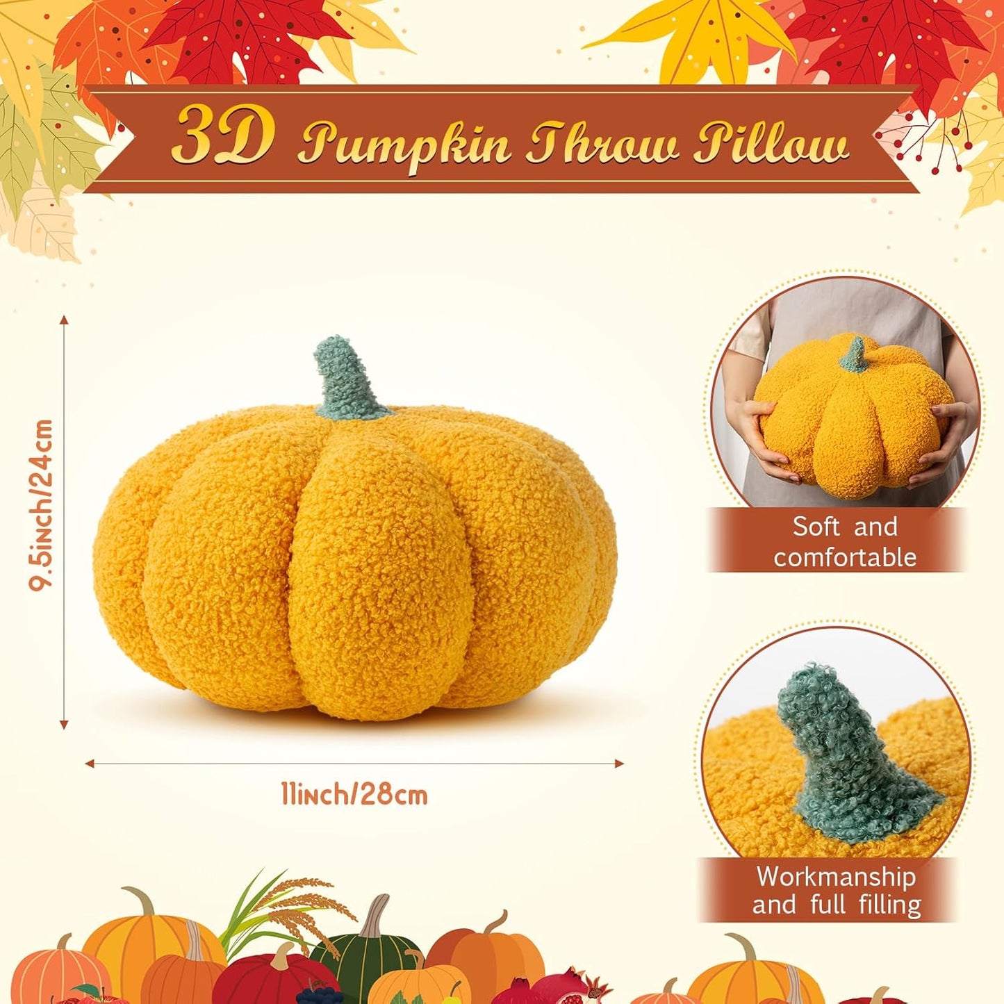 Kajaia 1 Pcs Simulated Pumpkin Pillow Plush 11 x 9.5 Inch 3D Cushion Fall Decorations Stuffed Throw Pillows Toy for Thanksgiving Christmas Halloween Bedroom Sofa Couch Supplies (Yellow)