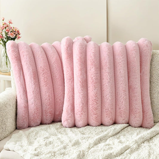HAUSSY Faux Fur Throw Pillow Covers 20x20 Inch Set of 2,Decorative Striped Neutral Pillow Cases Soft Plush Couch Pillow Covers,Home Decor for Sofa,Bed, Living Room,Pink