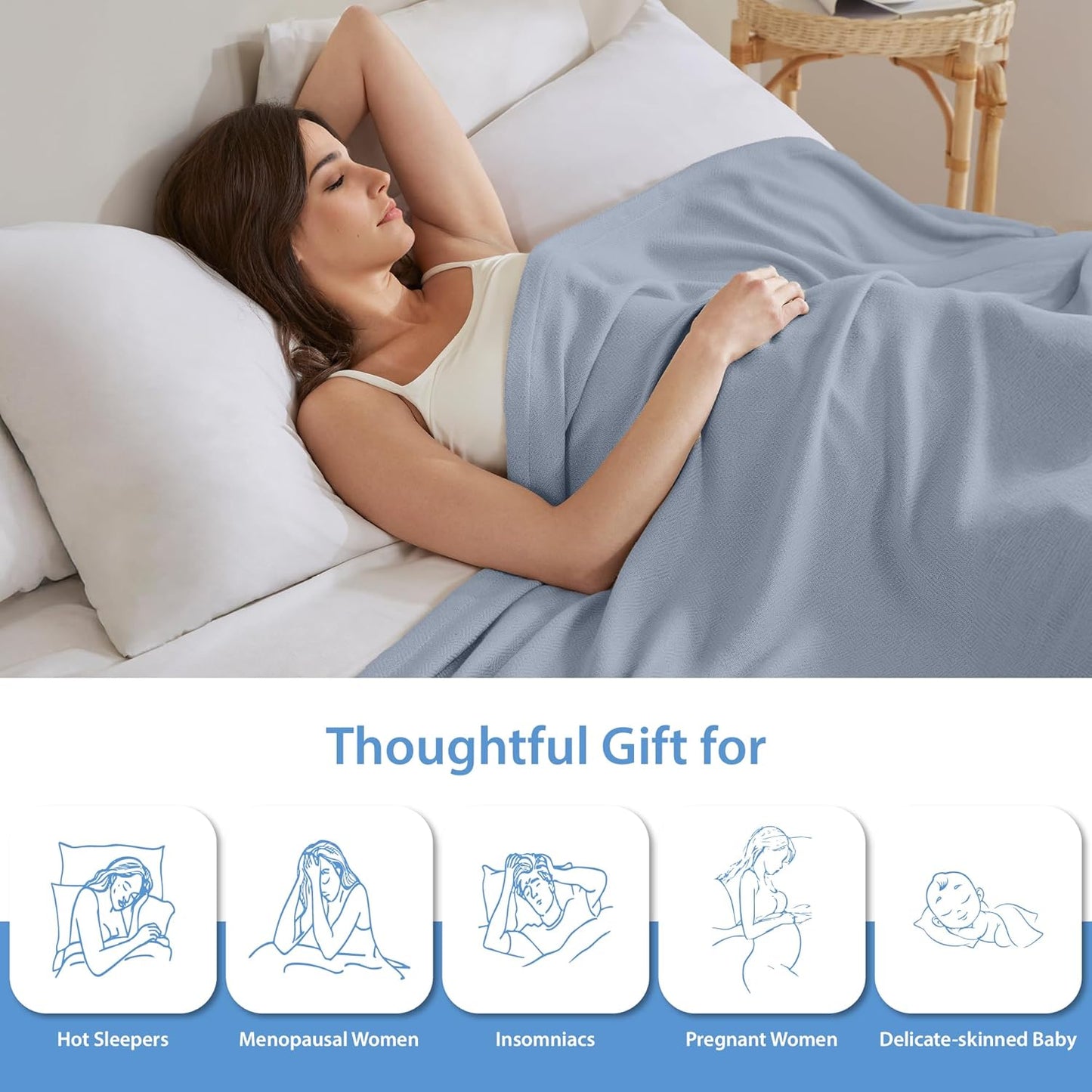 King Size Blanket, 70% Rayon (Derived from Bamboo) and 30% Cotton, Lightweight Jacquard Weave, Breathable and Soft Summer Blanket for Bed or Couch, 108” x 90”, Light Blue