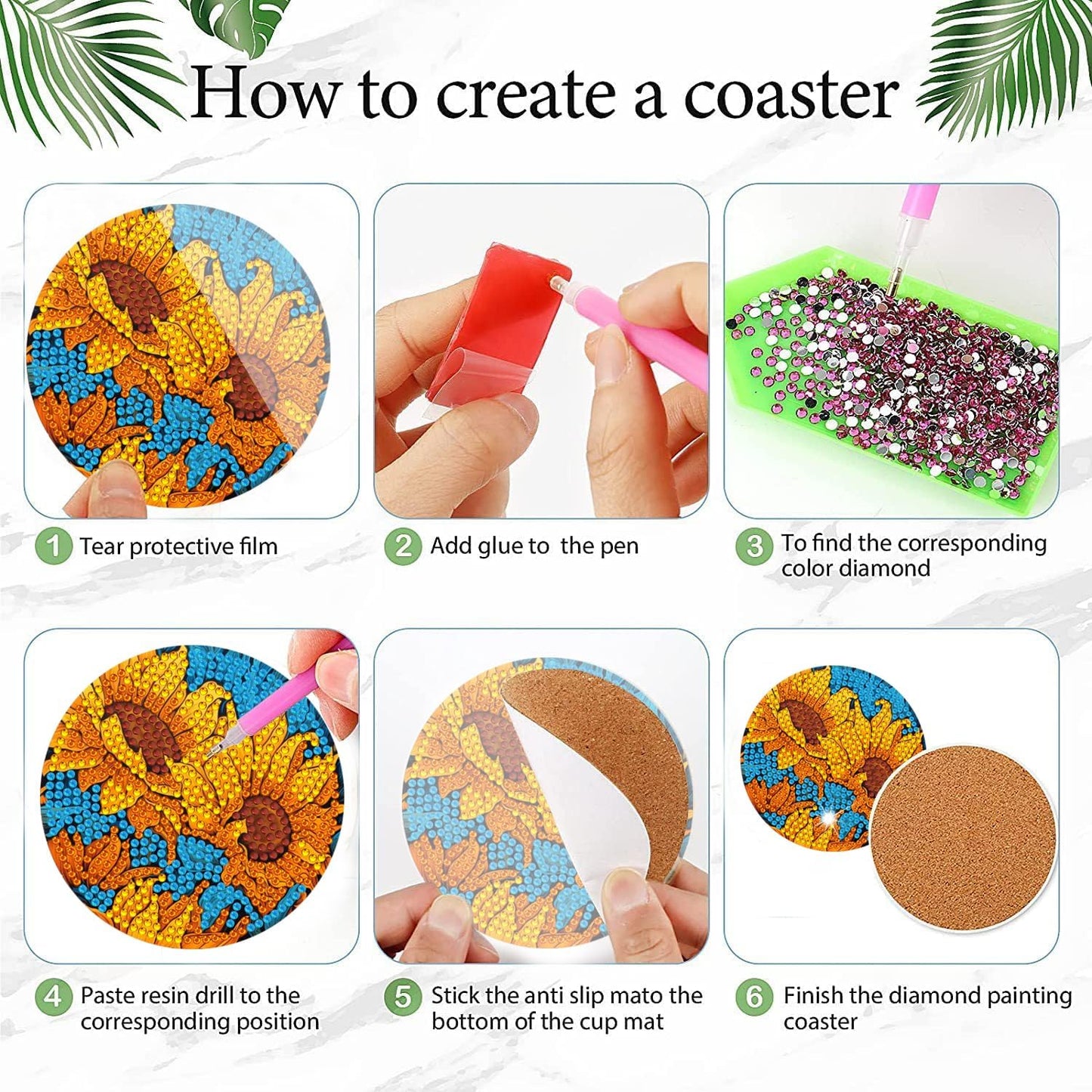 EWJRNSF 6 PCS Diamond Painting Coaster Set - Small Diamond Painting Coasters Kit for Beginners and Adults - Art Craft Supplies Item Sunflower