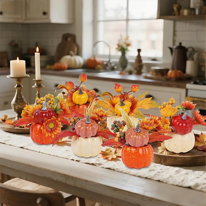 winemana Fall Decorations for Home - Set of 6 Artificial Pumpkins with Maple & Flowers, Thanksgiving Table Decor, Pumpkin Vases Centerpiece for Kitchen Office Indoor