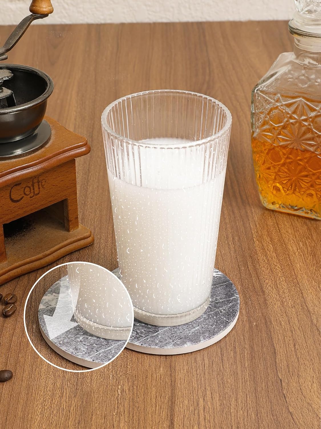 LIFVER Drinks Coasters Set of 4, Living Room Decor, Ceramic Absorbent Coasters with Cork Base, Protect Wooden Table or Furniture from Scratched, Drink Coasters with Holder - Grey