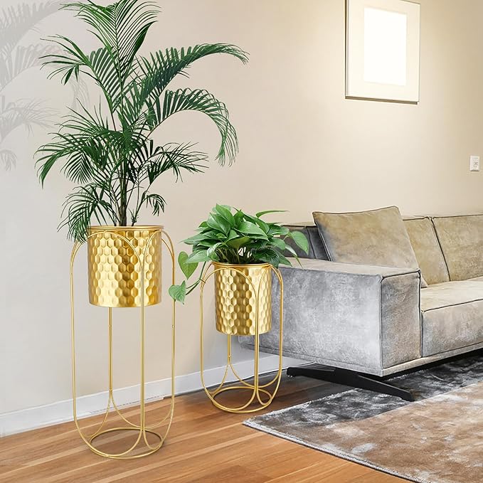 TRIROCKS Set of 2 Planters with Stand Large Gold Planter for Indoor Plants 26 &18" H Morden Plant Pot for Living Room Corner Kitchen Office Garden Balcony Patio Decor(Gold)