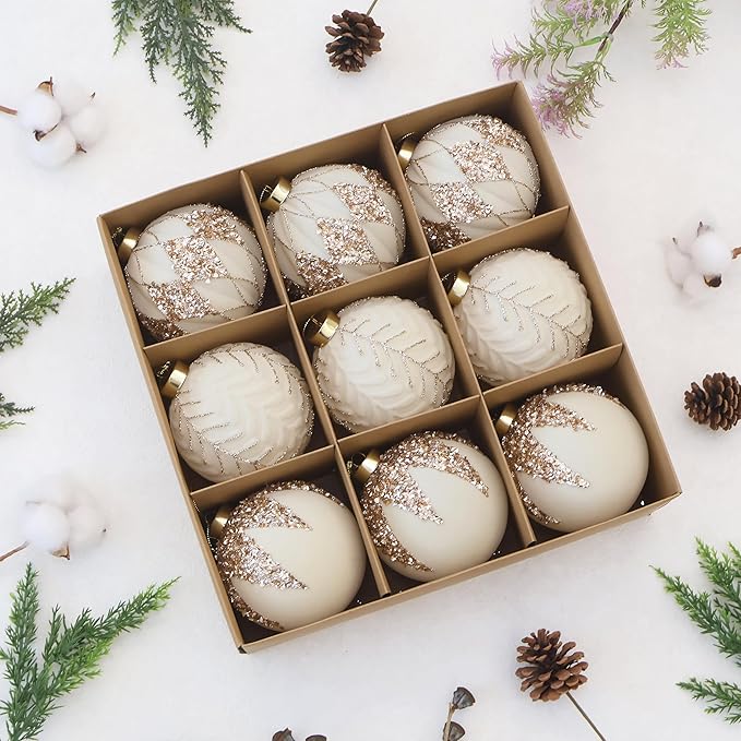 4inch Velvet Ornaments for Christmas Tree, 9PCS Glitter Flocked Christmas Ornaments Decorations Balls Set Decor Beige