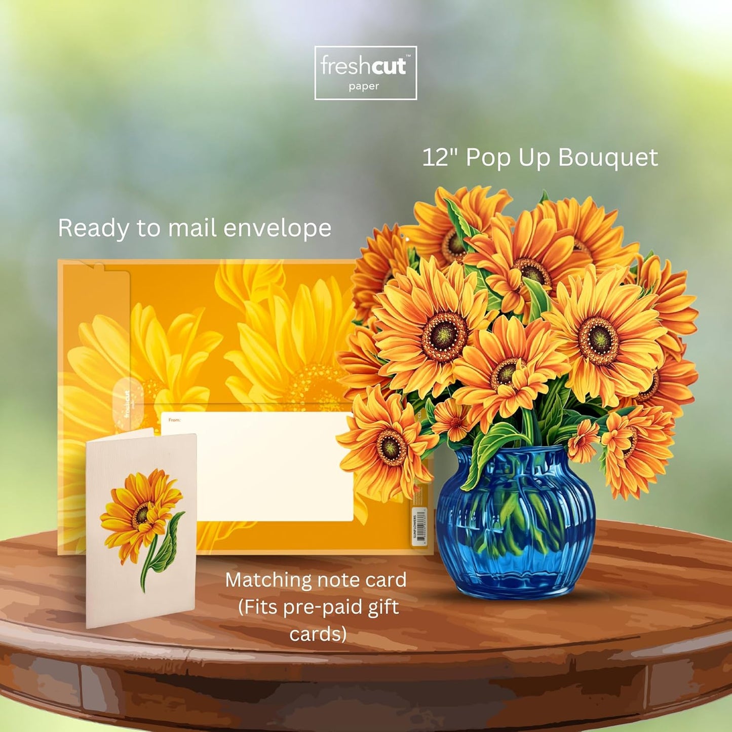 Freshcut Paper Pop Up Cards, Sunflowers, 12 Inch Life Sized Forever Flower Bouquet 3D Popup Greeting Card, Birthday Cards, Get Well Gifts, Blank Notecard & Envelope