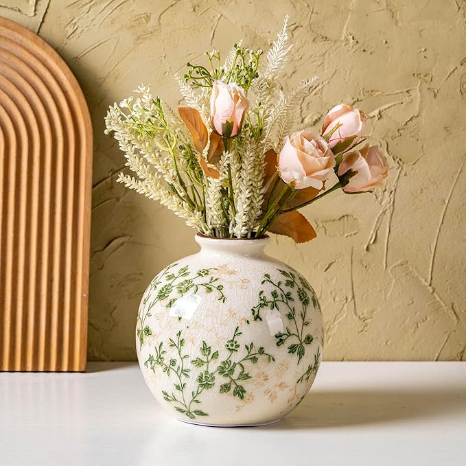 Green and Beige Pastoral Vase, Vintage Round Ceramic Floral Vases, Decorative Rustic Farmhouse Vase for Flowers, Living Room, Office Chinoiserie Home Decor, Tuscan Cottage Core Centerpiece 5.9 Inch