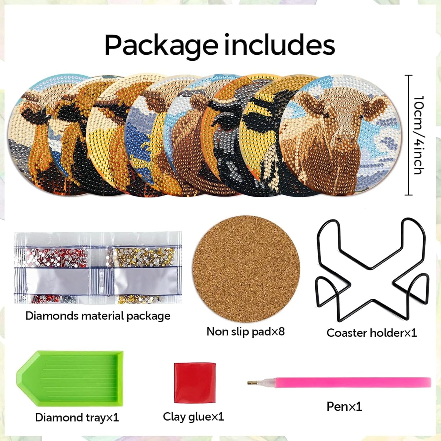 Leatrice 8PCS Cow Diamond Art Coasters Small Diamond Painting Kits for Adults Beginners Women Gem Art Coasters with Holder Funny DIY Crafts for Home Decor