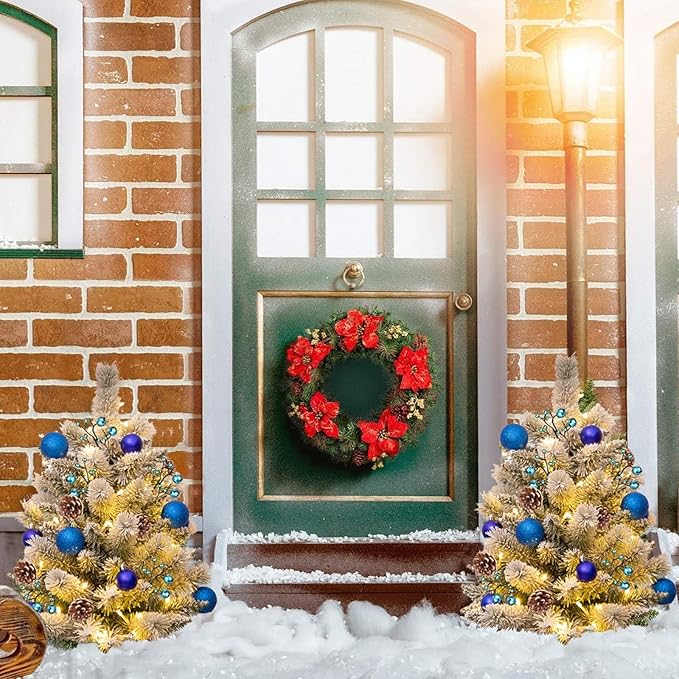 24'' Mini Artificial Christmas Tree with LED Lights, Faux Pine Cones and Berrys Pre-Lit Snow Flocked Xmas White Trees Christmas Porch Decorations Small Fake Trees for Outdoor Home Yard - Set of 2