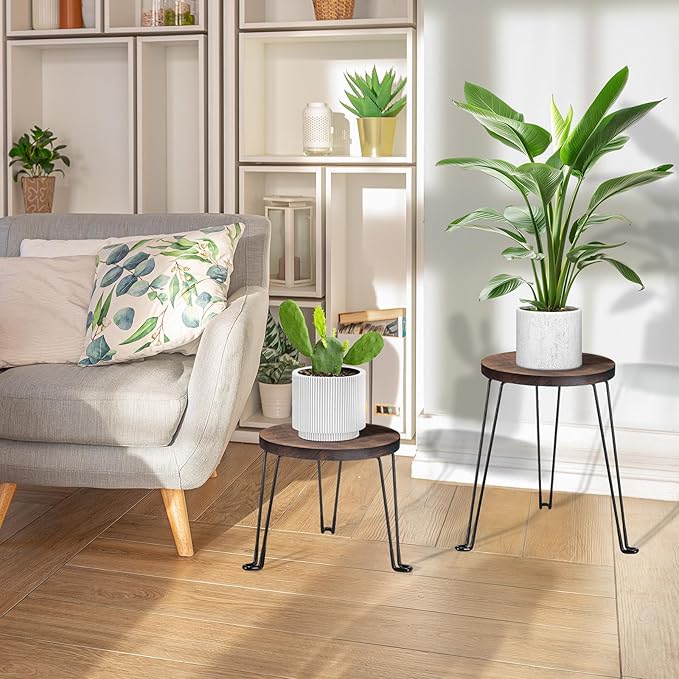 Yangbaga 2Pack Wooden Plant Stands Indoor,11.81IN Round Plant Stands with Metal Legs,Mid Century Plant Holder for Home Decor,Multi-purpose Plant Table for Living Room/Patio/Garden/Balcony/Office