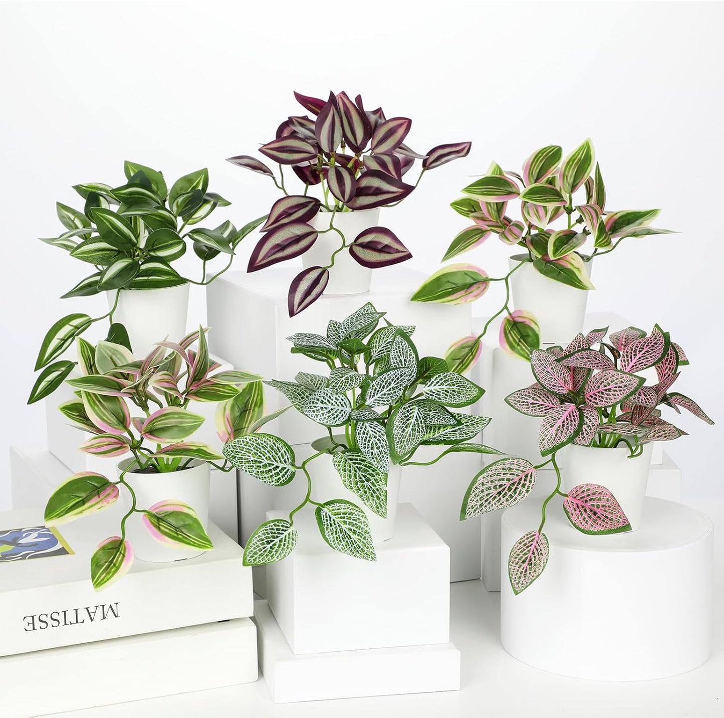 Hollyone Fake Plants 6 Pack Artificial Plants Indoor Faux Plant with White Plastic Pot Small Fake Potted Plant for Home Aesthetic Living Room Bathroom Desk Shelf Office Decor