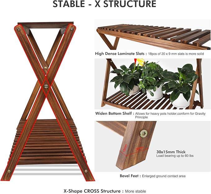 Wood Plant Stand Indoor Outdoor 2 Tiers Flower Stand Corner Stepped Planter Shelf Rack Flowerpot Holder for Plant Display in Patio Balcony Entryway Porch Livingroom (Classic X-Cross Design)