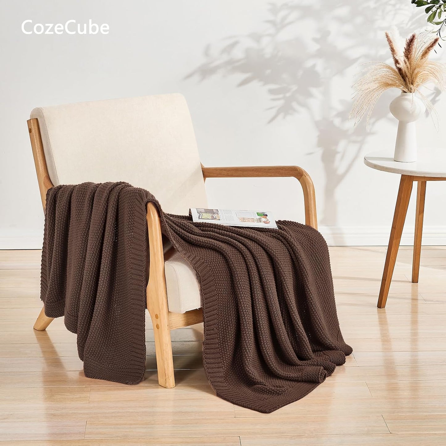 CozeCube Brown Throw Blanket for Couch, Soft Cozy Cable Knit Throw for Bed Sofa Living Room, Lightweight Warm Decorative Farmhouse Christmas Blanket, 50"x60", Dark Brown