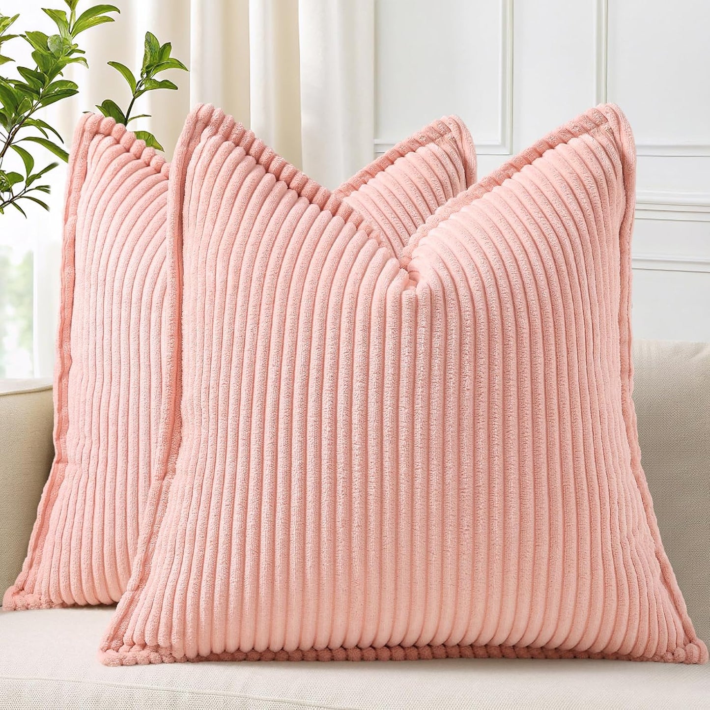 decorUhome Corduroy Pink Throw Pillow Covers 22x22 Set of 2 Decorative Soft Boho Farmhouse Euro Couch Pillow Covers for Living Room Bed Sofa Broadside Striped Pillow Cases