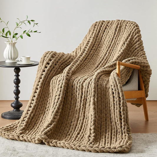 Chunky Knit Throw Blanket, 30''*40'' Knitted Throw Chenille Yarn for Bed Couch, Handmade Light Brown Crochet Big Thick Blanket, Machine Washable Cute Comfy Blanket for Home Decor