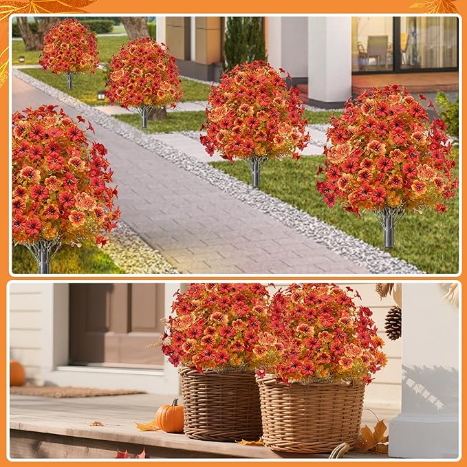 2 Pack Fall Artificial Mums Topiary Ball Tree with Ground Spike Boxwood 25" UV Resistant Fake Greenery Shrub Faux Violet Plant Fall Decorations Flower for Garden Yard Porch Patio Autumn Outdoor Decor