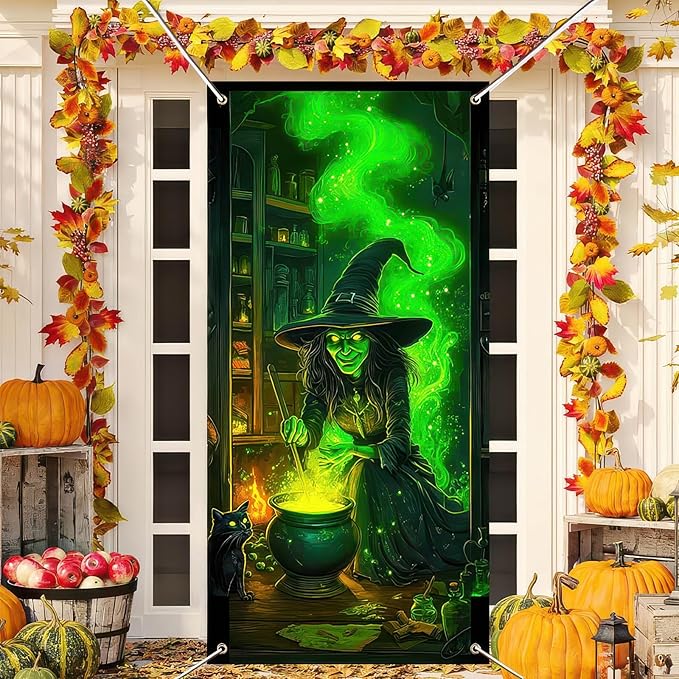 Halloween Door Cover 71x35 Inch Green Witch Black Cat Potion Room Hanging Banner Spooky Halloween Door Banner for Indoor Front Porch Wall Haunted House Party Decor