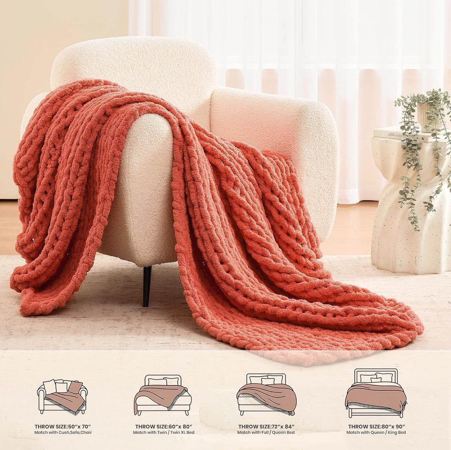 L'AGRATY Chunky Knit Blanket Throw: 50''x60'' Chenille Chunky Knitted Throw Blankets for Bed Couch - Handmade Thick Cable Knit Blanket - Large Crochet Rope Blankets for Home Decor(Coral Pink)