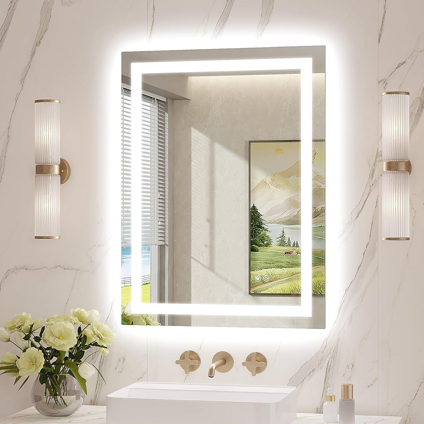 LED Mirror for Bathroom 24x32 Lighted Bathroom Vanity Mirrors with Lights, Brighter Frontlit and Backlit Anti-Fog Mirror, Tempered Glass, Dimmable 3 Colors Light Modes, Memory Function