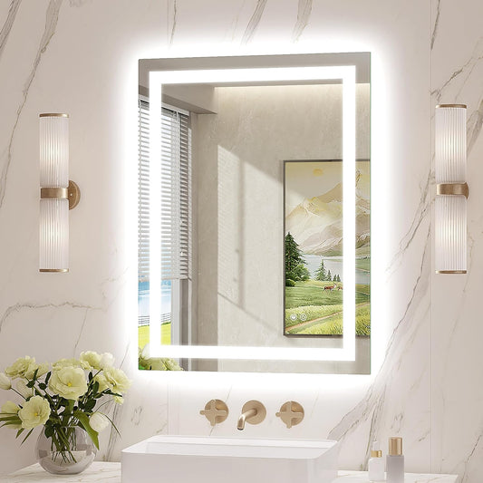 LED Mirror for Bathroom 24x32 Lighted Bathroom Vanity Mirrors with Lights, Brighter Frontlit and Backlit Anti-Fog Mirror, Tempered Glass, Dimmable 3 Colors Light Modes, Memory Function