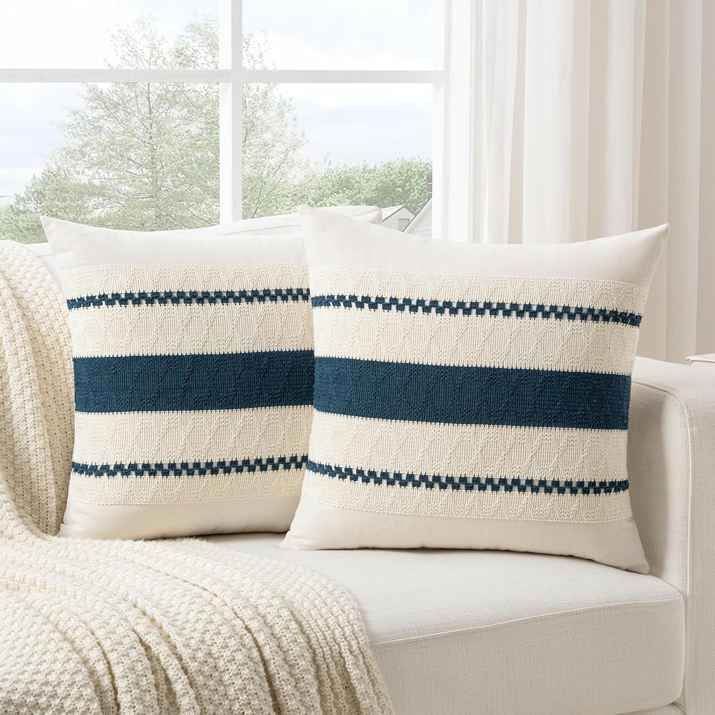 Fancy Homi Set of 2 Boho Teal Big Decorative Throw Pillow Cover 24x24 Inch for Couch Bed Bedroom, Aesthetic Modern Organic Farmhouse Room Decor, Soft Cotton Accent Macrame Woven Cushion Case