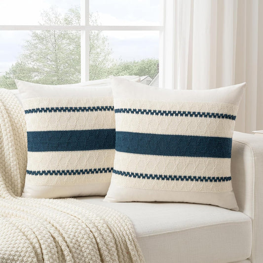 Fancy Homi Set of 2 Boho Teal Decorative Throw Pillow Cover 18x18 Inch for Couch Bed Sofa, Aesthetic Modern Organic Farmhouse Home Decor, Soft Cotton Cute Accent Macrame Woven Cushion Case