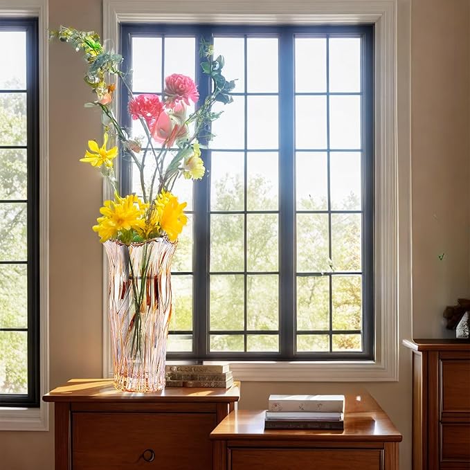 Glass Vase for Flowers, Gold Amber Clear Glass Vases for Centerpieces, Crystal Vase for Home Table Flower Decor 9.1 inches Tall