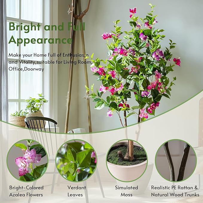 5FT Artificial Bougainvillea Tree Artificial Tree Tall Potted Fake Bougainvillea Trees for Outdoor Indoor Lifelike Potted Faux Plants with Wood Trunk and Flowers Office Wedding Home Decor