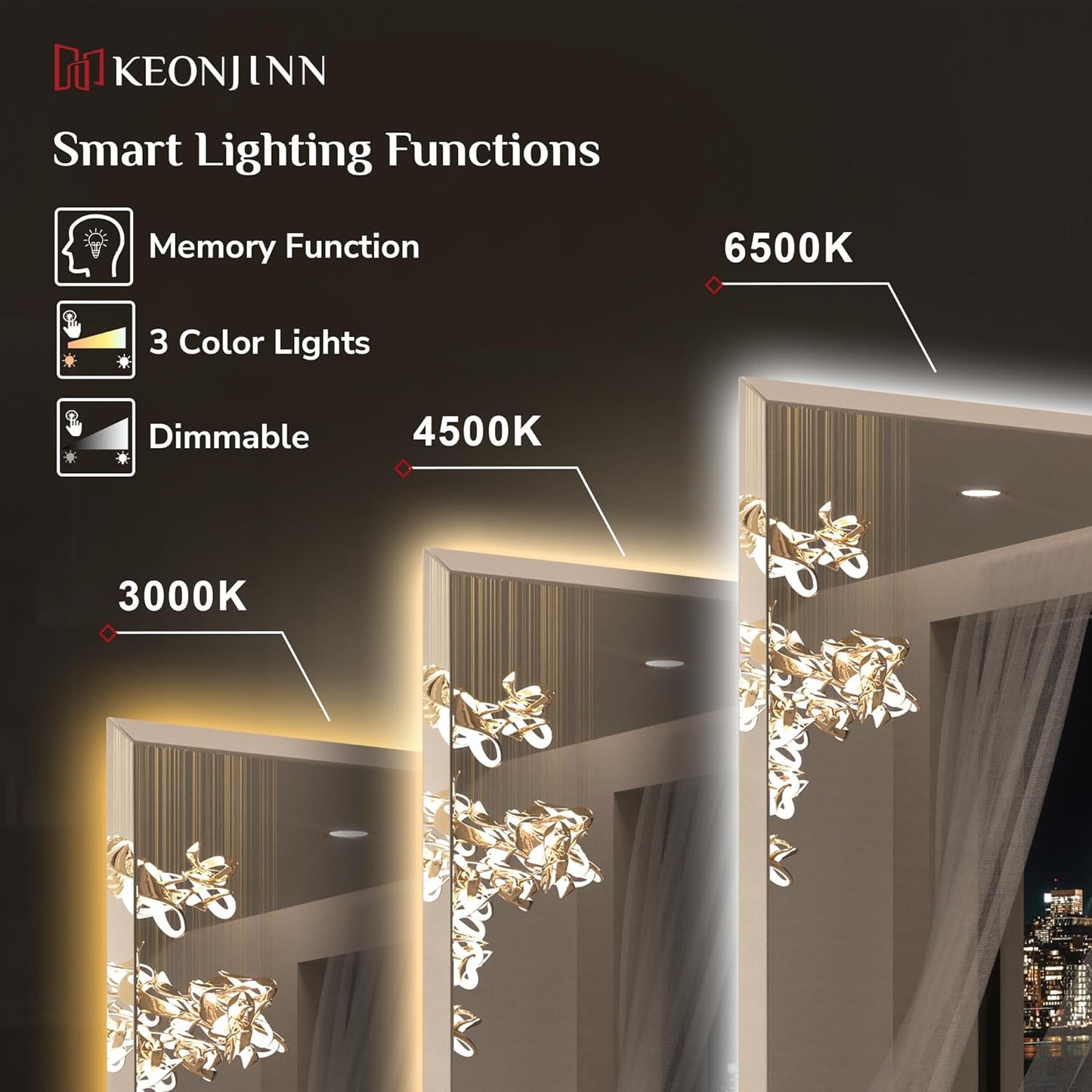 Keonjinn 84 x 36 Inch Oversized Backlit Bathroom Mirror with Lights, Large LED Vanity Mirror for Wall, Frameless Beveled Edge, Tempered Glass, UL-Listed, 3000K/4500K/6500K, Defogging, Dimmable