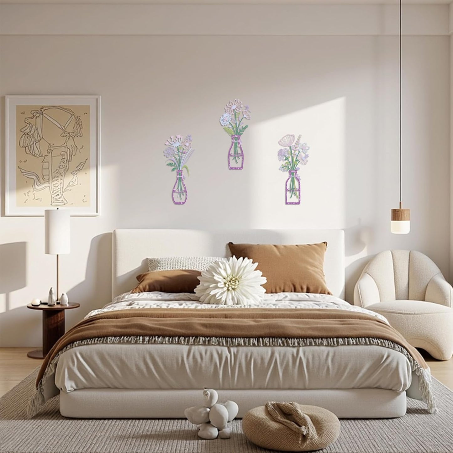 Metal Flower Wall Decor, 3-Piece Purple-Pink Metal Floral and Vase Art, Minimalist Wall Sculptures for Living Room, Bedroom, Bathroom, Kitchen, Lightweight and Easy to Hang