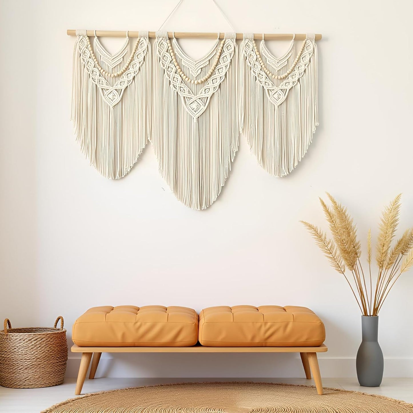 large macrame wall hanging - Boho Tapestry Macrame Wall Decor Art- Chic Bohemian Handmade Woven Tapestry Home Decoration for Bedroom Living Room Apartment Wedding Party - 43"x32" (Beige-Wood Bead)