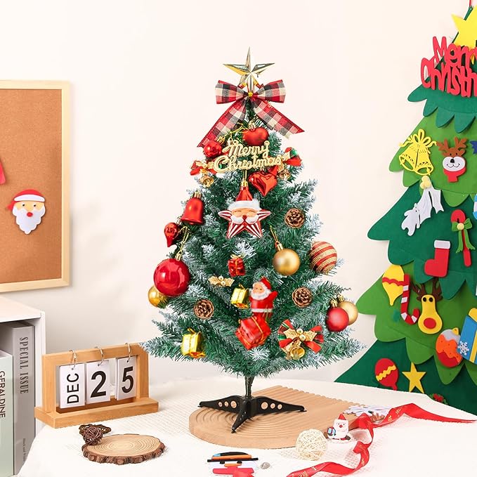 2Ft Artificial Christmas Tree Green Tabletop Christmas Tree with Flocking Snow Frost Tips Plastic Stand Mini Xmas Pine Tree for Party Supplies Indoor Outdoor Holiday Home Decoration