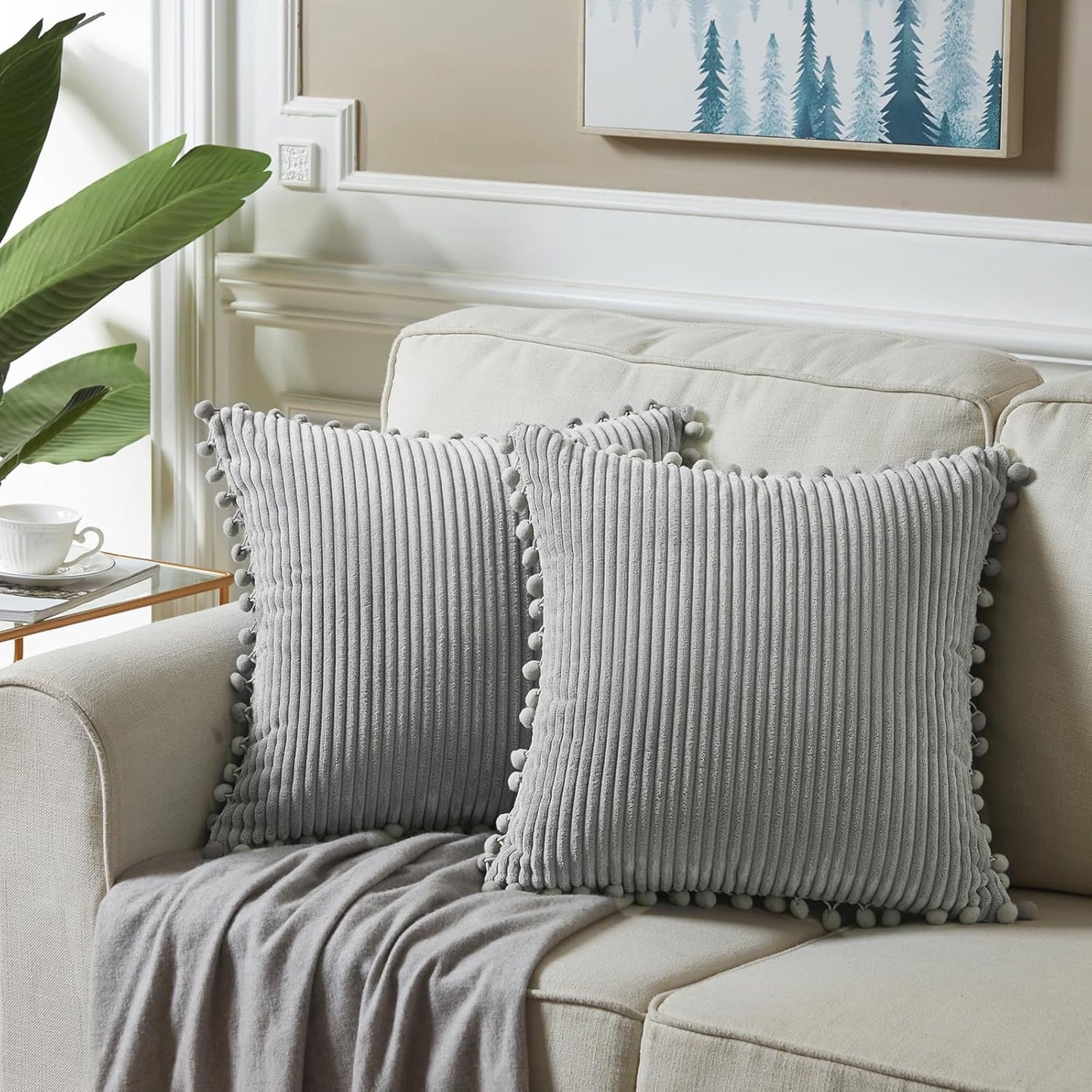 Fancy Homi 2 Packs Neutral Grey Decorative Throw Pillow Covers 20x20 Inch with Pom-poms for Couch Bed Sofa, Aesthetic Modern Organic Farmhouse Boho Home Decor, Soft Corduroy Cute Accent Cushion Case