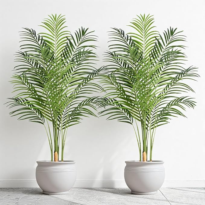 5ft Artificial Palm Tree Indoor Plant Tall Fake Tropical Paradise Palm Tree in Pot with Real Bark Design Faux Areca Palm Tree for Home Office Living Room Bedroom Farmhouse Modern Decor 2pcs
