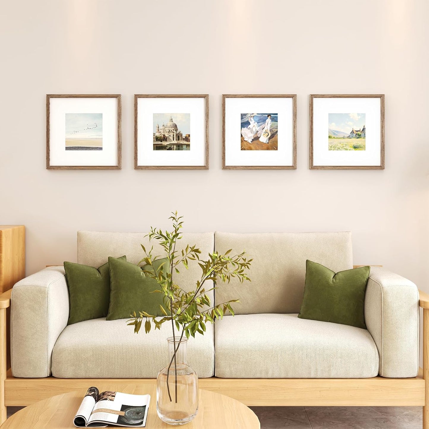 KINLINK 14x14 Picture Frame, Brown Square Solid Wood Frames for Pictures 8x8 with Mat or 14x14 without Mat, Wall Display Photo Frames Brown Wood 4 Pack