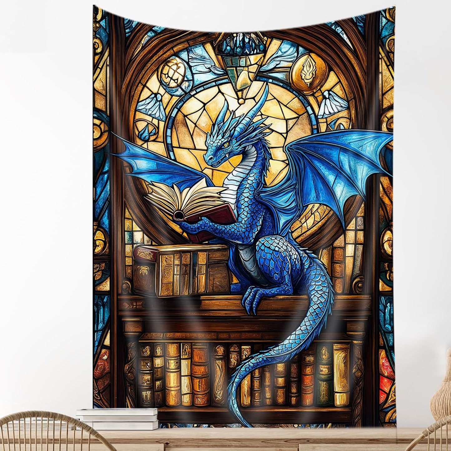 DYNH Blue Book Dragon Art Tapestry,Vintage Medieval Dragon Reading Books Wall Decor,Bookshelf Stained-glass Window Wall Hanging for Classroom Home Bedroom Living Room,36X48Inches