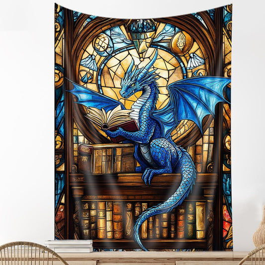 DYNH Blue Book Dragon Art Tapestry,Vintage Medieval Dragon Reading Books Wall Decor,Bookshelf Stained-glass Window Wall Hanging for Classroom Home Bedroom Living Room,36X48Inches
