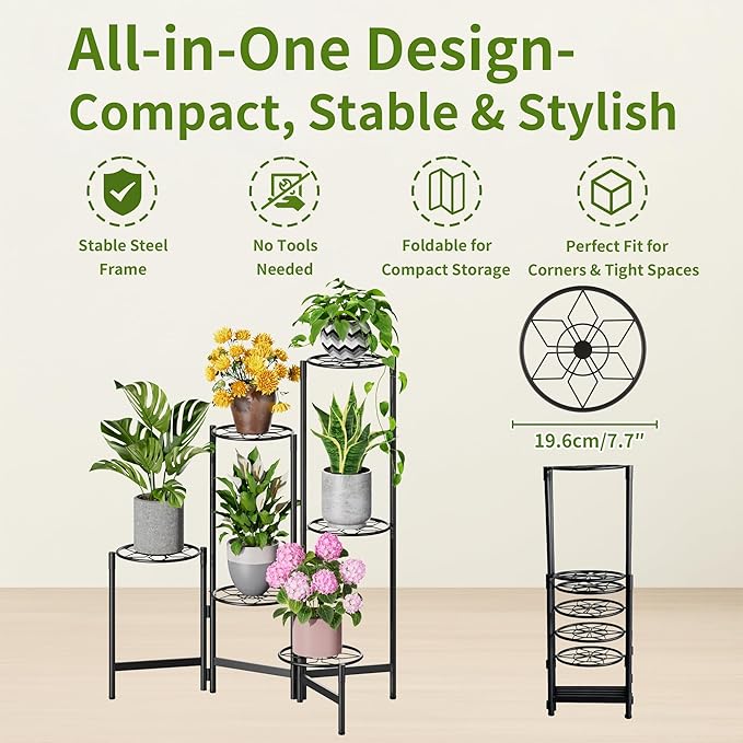 6 Tier Metal Plant Stands Outdoor Indoor, Heavy Duty Flower Pot Holder Potted Display Rack Shelf, Tall Corner Plant Shelf for Patio Garden Balcony Living Room Bedroom -BlackDiamond