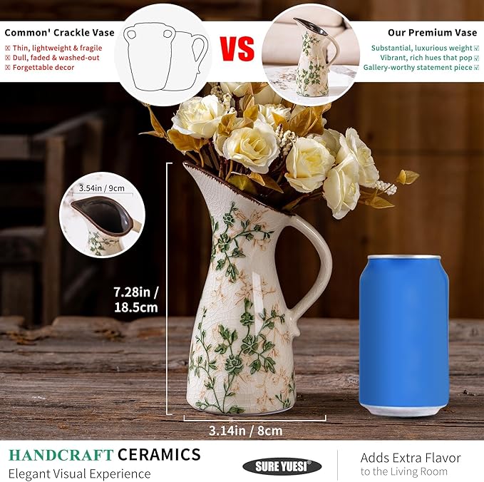 Green and Beige Pitcher Vase, Handcrafted Pastoral Ceramic Floral Vase, Vintage Farmhouse Flower Vase for Home Decor, Chinoiserie Tuscan Cottage Core Decor, Rustic Table Centerpiece 7.3 in