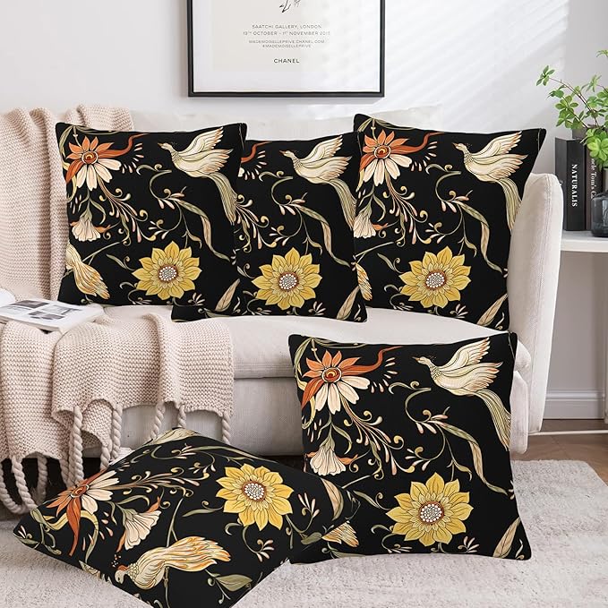 Vintage Flowers and Birds Pillow Covers 18x18 Inch Set of 2 Soft Decorative Throw Pillow Case for Living Room Bedroom Sofa Couch Cushion Covers