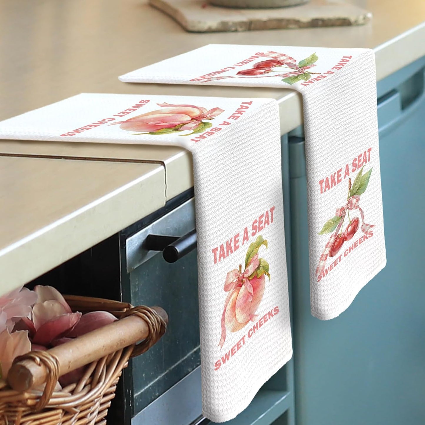 Funny Kitchen Towels - Humor Sarcastic Trendy Preppy Dish Towels, Coquette Retro Peach Cherry Decorative Absorbent Dishcloths Hand Towels Set of 2 for Kitchen Decor 16x24 Inches