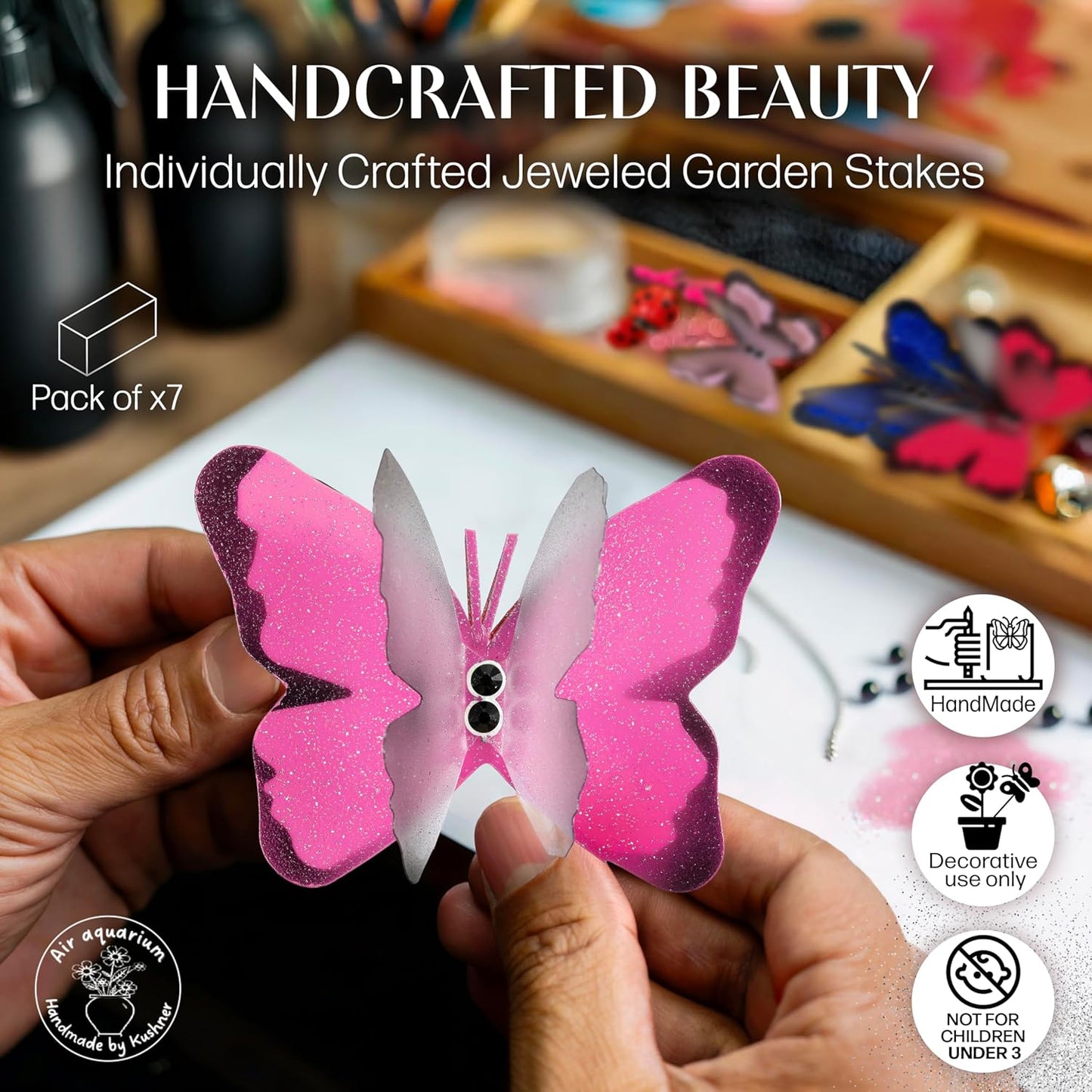 Handmade Butterfly Garden Stakes – Set of 7 Lilac Pink Decorative Butterflies Idea for Garden & Nature Lovers – Outdoor & Indoor Garden Decor – Air Aquarium Handmade by Kushner