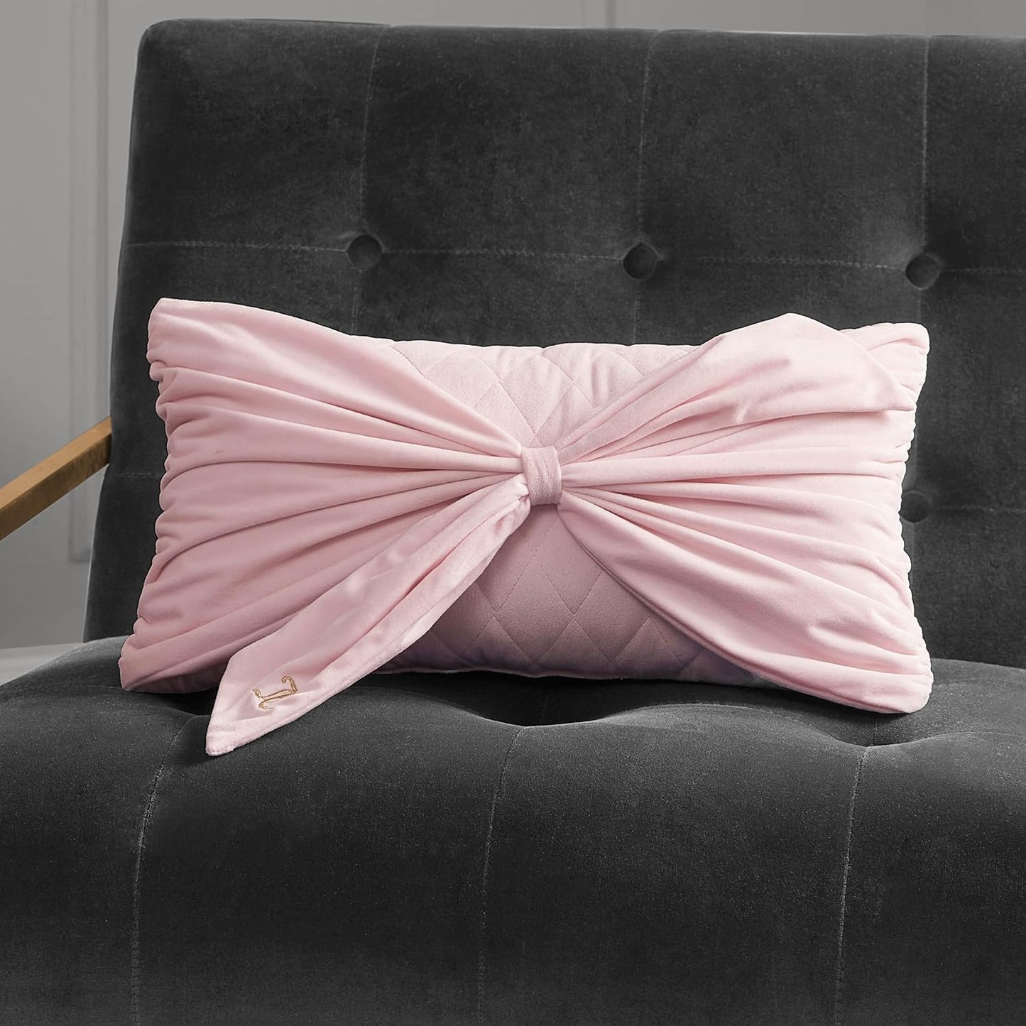 Juicy Couture Rectangle 1-Piece Decorative Accent, Premium Reversible Throw Pillow, Living Room and Bedroom Décor, 10"x18", Velvet Bow-Light Pink