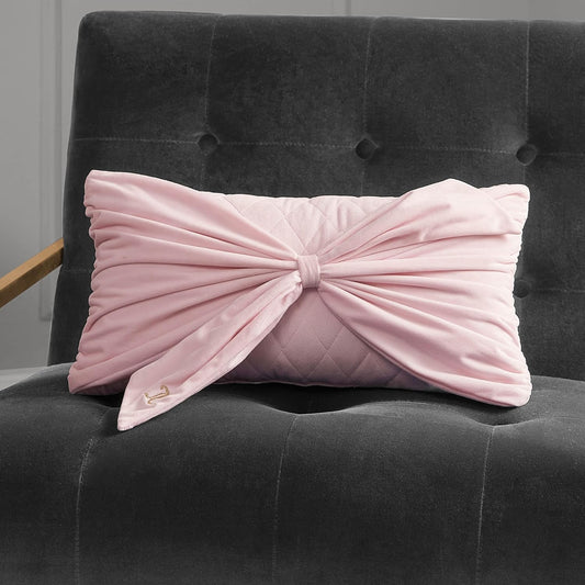 Juicy Couture Rectangle 1-Piece Decorative Accent, Premium Reversible Throw Pillow, Living Room and Bedroom Décor, 10"x18", Velvet Bow-Light Pink