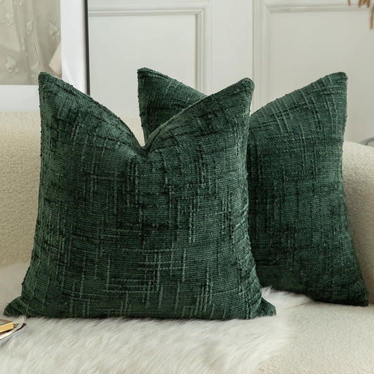 MANDIOO Pack of 2 Soft Chenille Textured Throw Pillow Covers Square Accent Solid Decorative Cushion Cover Cozy Farmhouse Pillow Case for Couch Sofa Bed Living Room 24x24 Inch Dark Green