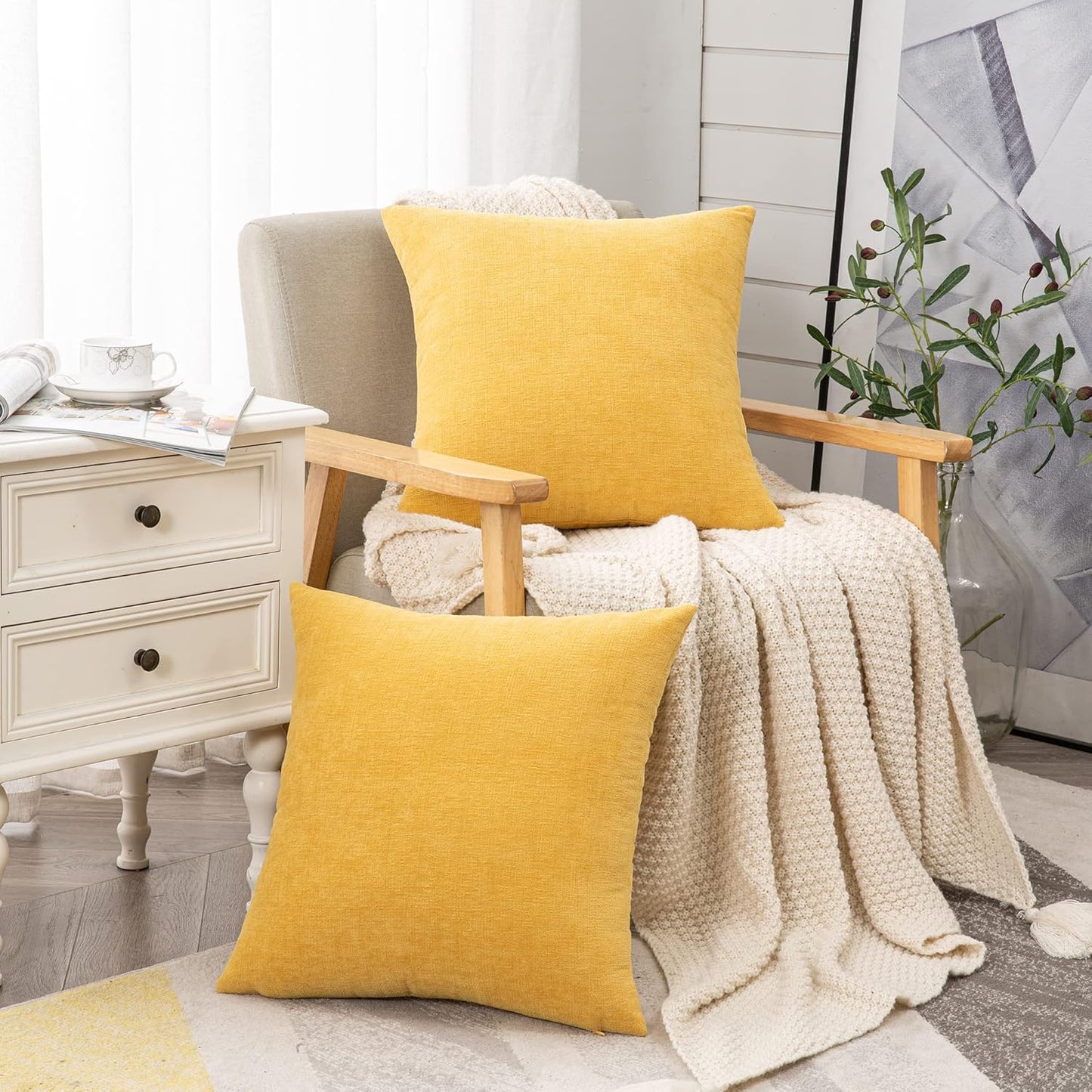 GAWAMAY Decorative Chenille Throw Pillow Covers 24x24 Inch Pack of 2, Soft Square Couch Pillow Cover for Sofa Cushion Living Room Bedroom Solid Dyed Pillowcases Mustard Yellow 60x60cm (ONLY Covers)